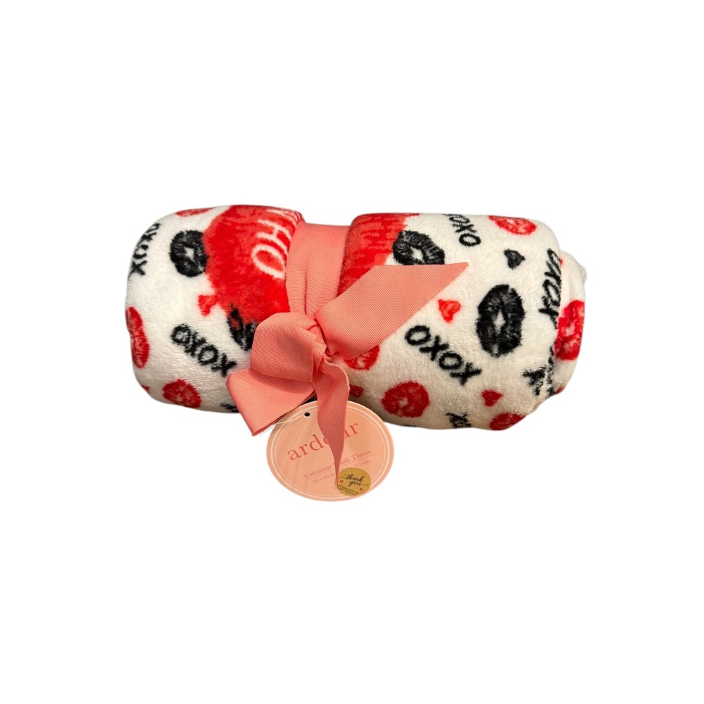 ardour Valentine Plush Throw Blanket XOXO Kiss Print Cozy‎ 50x60 Red White Black